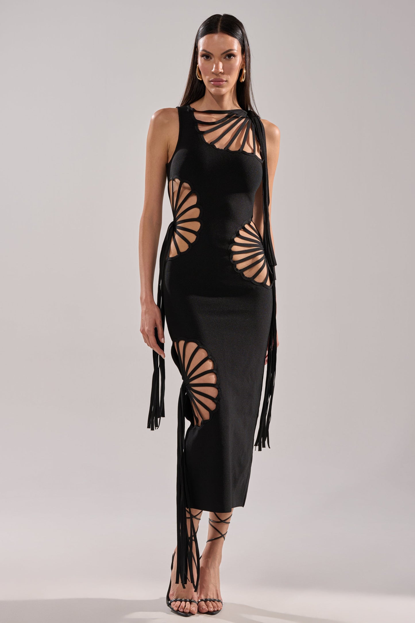 Arovena Black Spiral Cutout Fringe Sleeveless Midi Dress