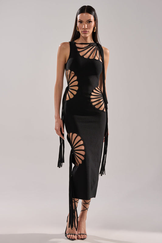 Arovena Black Spiral Cutout Fringe Sleeveless Midi Dress