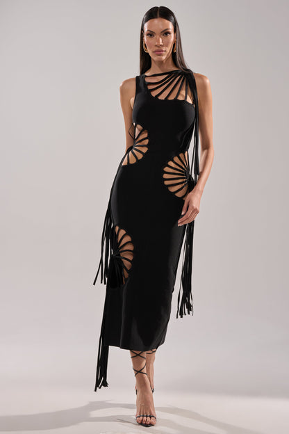 Arovena Black Spiral Cutout Fringe Sleeveless Midi Dress
