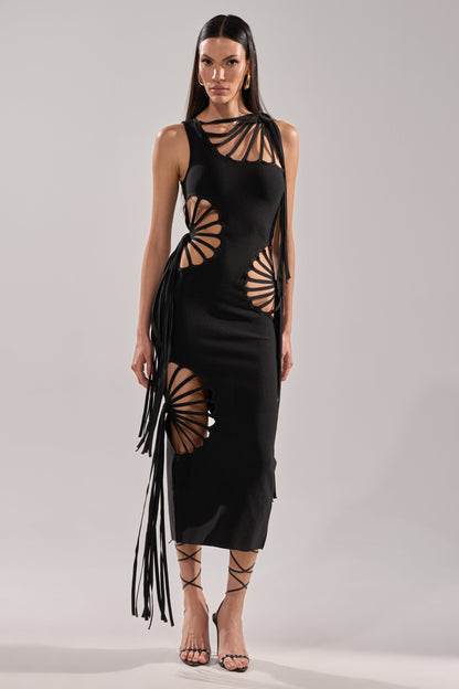 Arovena Black Spiral Cutout Fringe Sleeveless Midi Dress