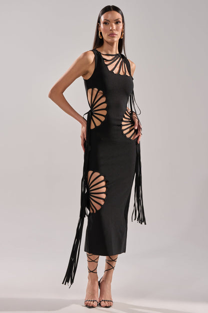 Arovena Black Spiral Cutout Fringe Sleeveless Midi Dress