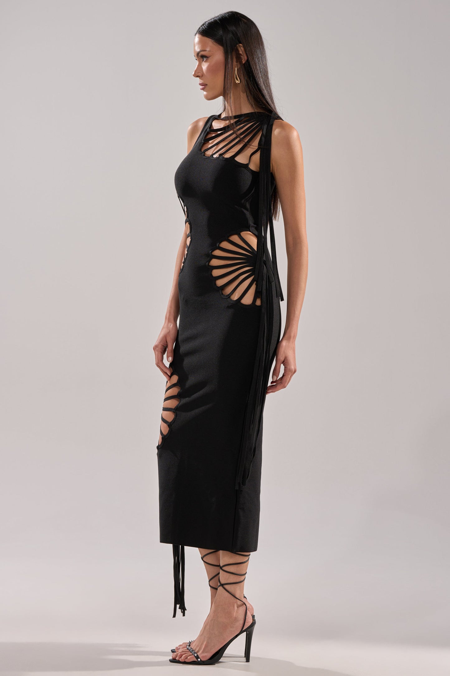 Arovena Black Spiral Cutout Fringe Sleeveless Midi Dress