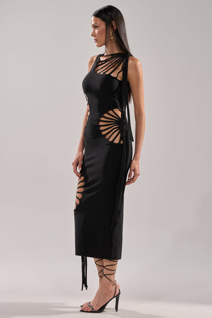 Arovena Black Spiral Cutout Fringe Sleeveless Midi Dress
