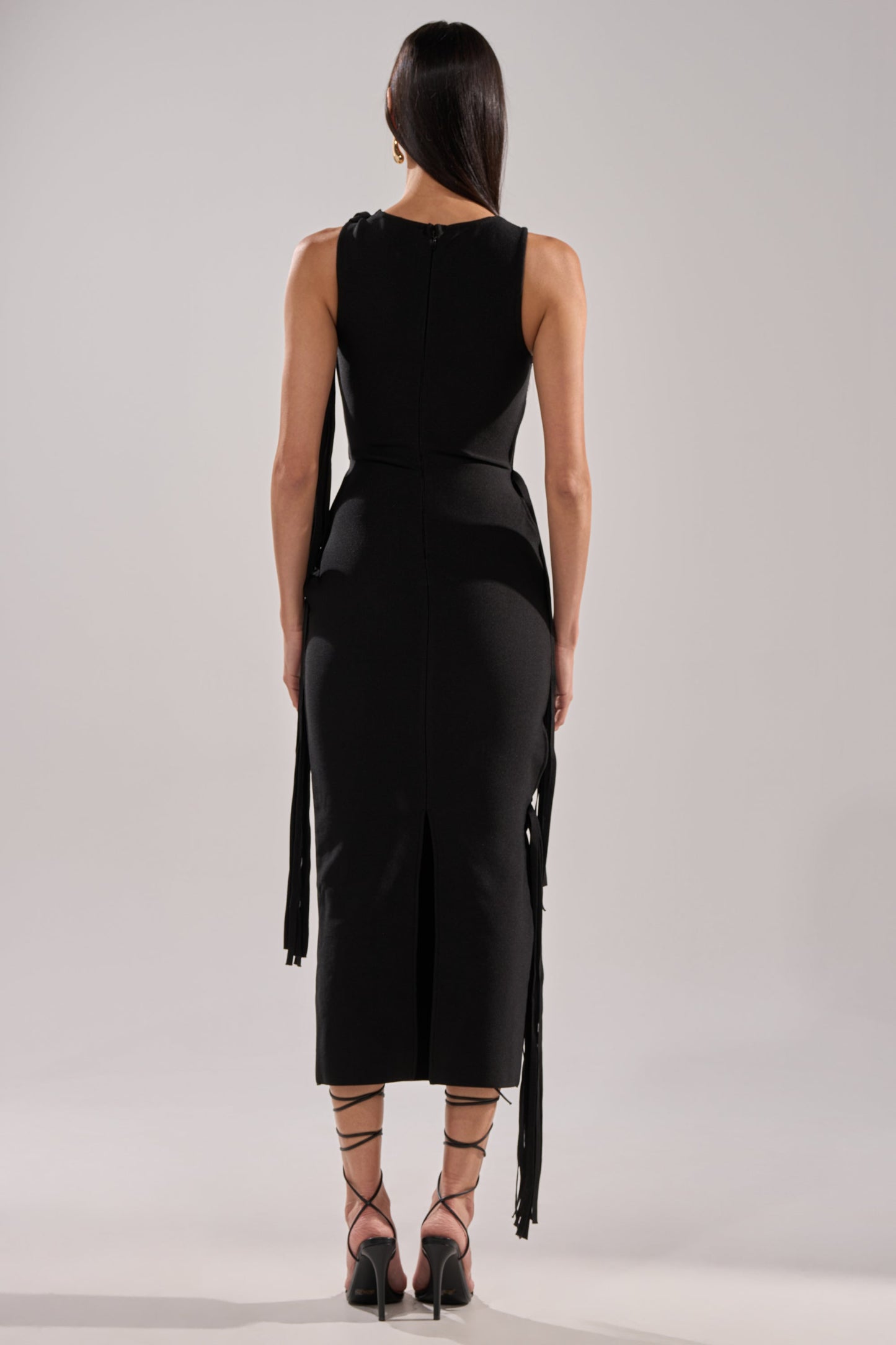Arovena Black Spiral Cutout Fringe Sleeveless Midi Dress