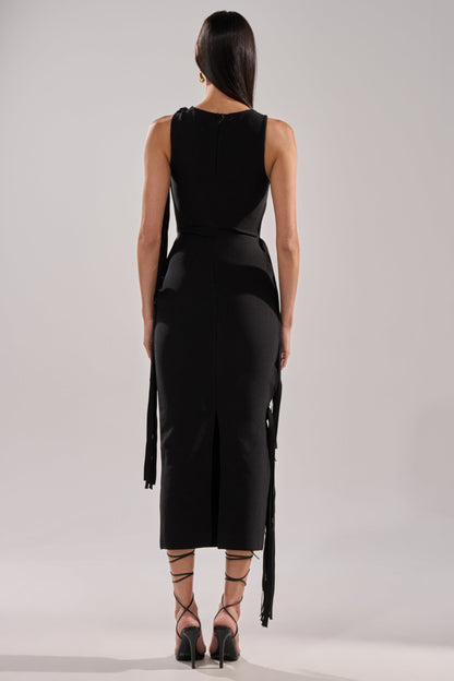 Arovena Black Spiral Cutout Fringe Sleeveless Midi Dress