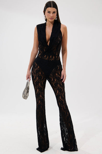 Arovena Black Lace Hooded Halter Flare Leg Jumpsuit