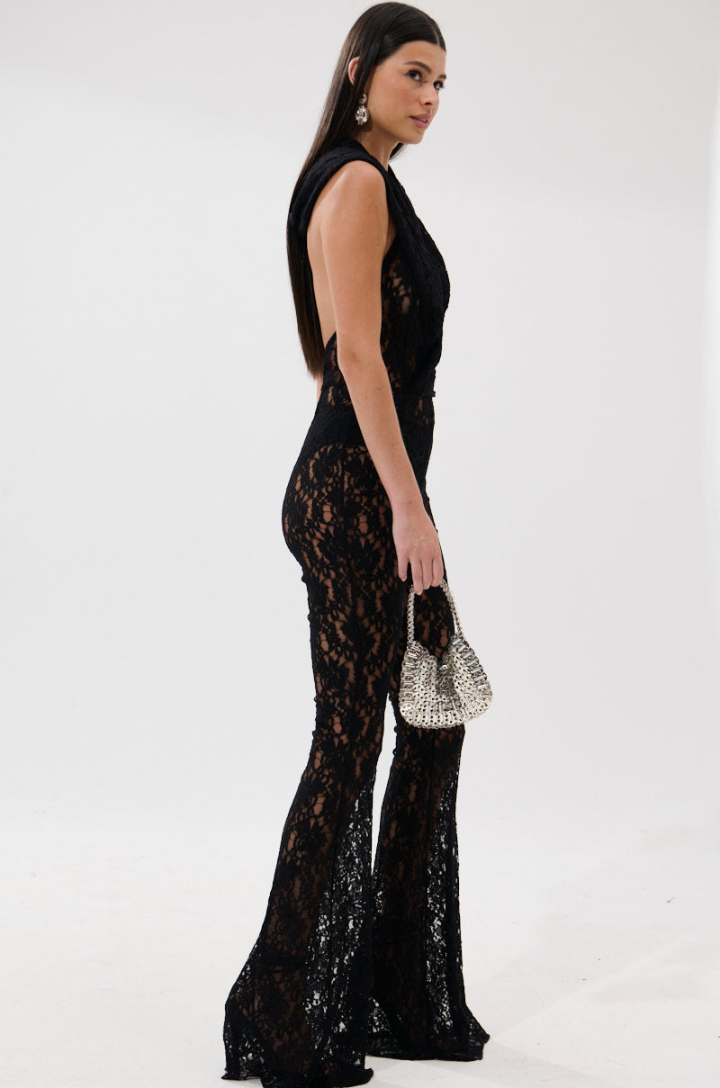 Arovena Black Lace Hooded Halter Flare Leg Jumpsuit
