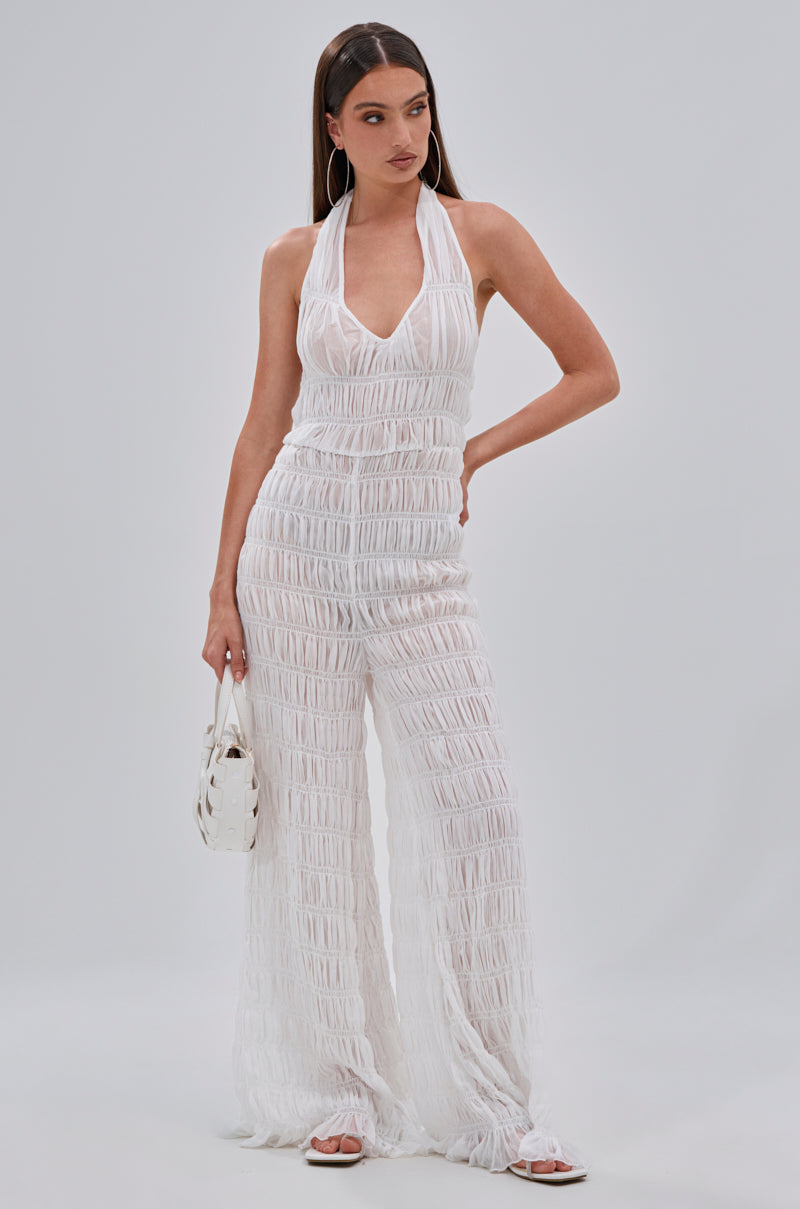 Arovena White Textured Fringe Halter V Neck Jumpsuit