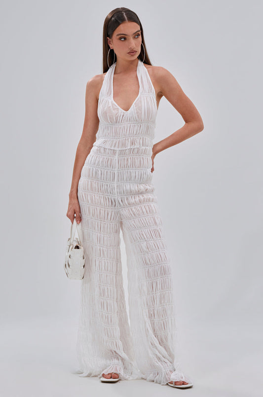 Arovena White Textured Fringe Halter V Neck Jumpsuit