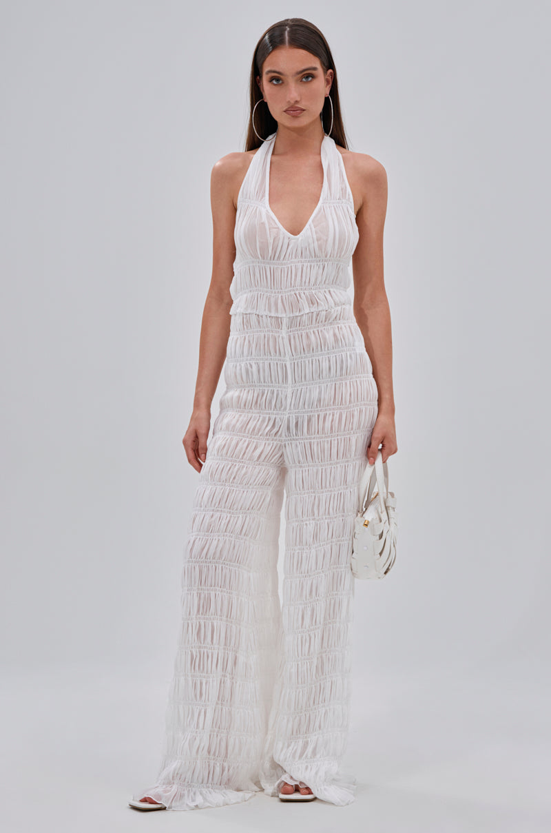Arovena White Textured Fringe Halter V Neck Jumpsuit