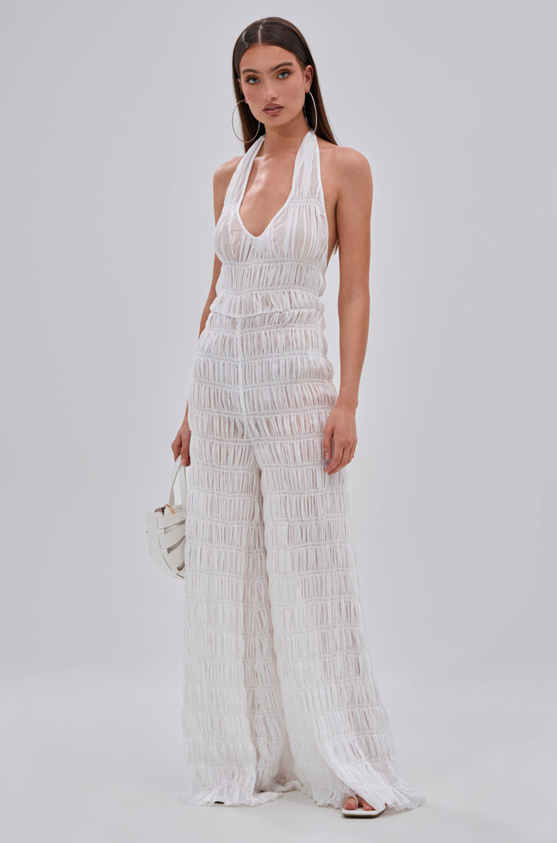 Arovena White Textured Fringe Halter V Neck Jumpsuit