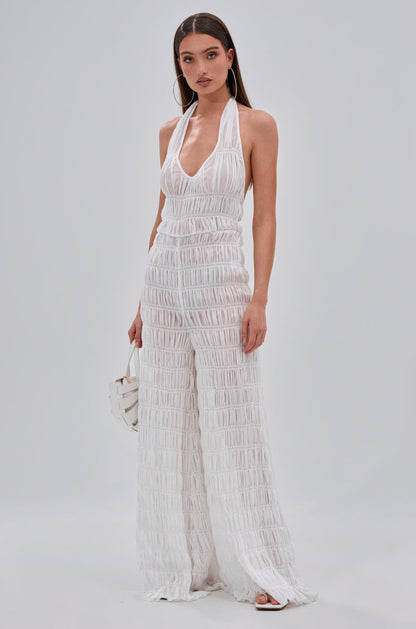 Arovena White Textured Fringe Halter V Neck Jumpsuit