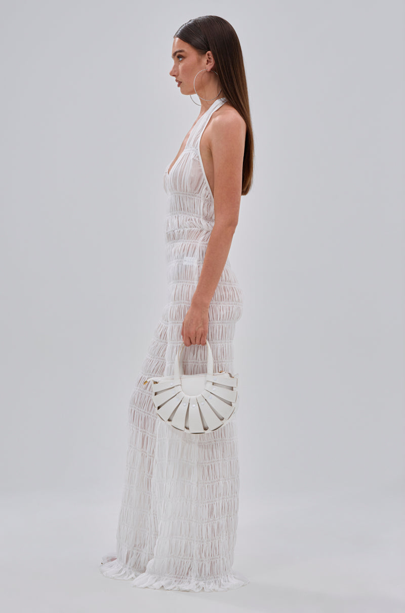 Arovena White Textured Fringe Halter V Neck Jumpsuit