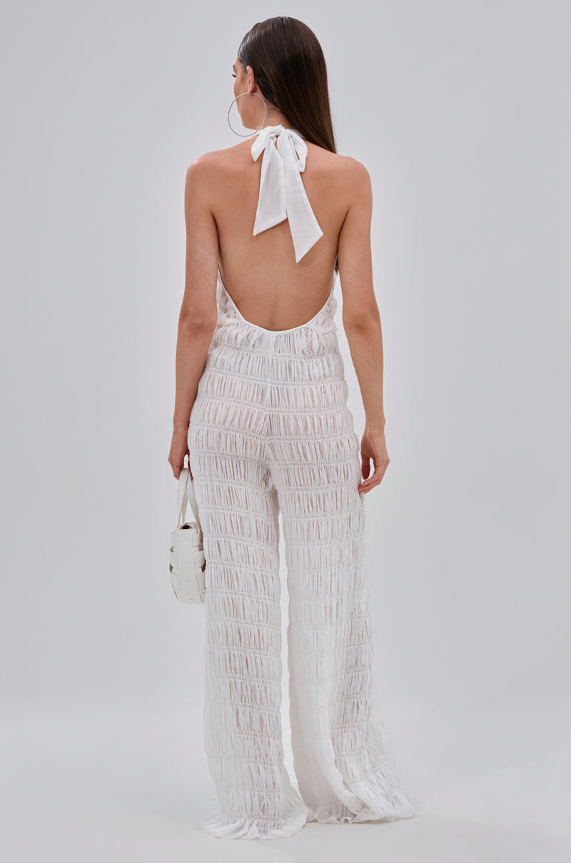 Arovena White Textured Fringe Halter V Neck Jumpsuit