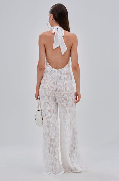 Arovena White Textured Fringe Halter V Neck Jumpsuit