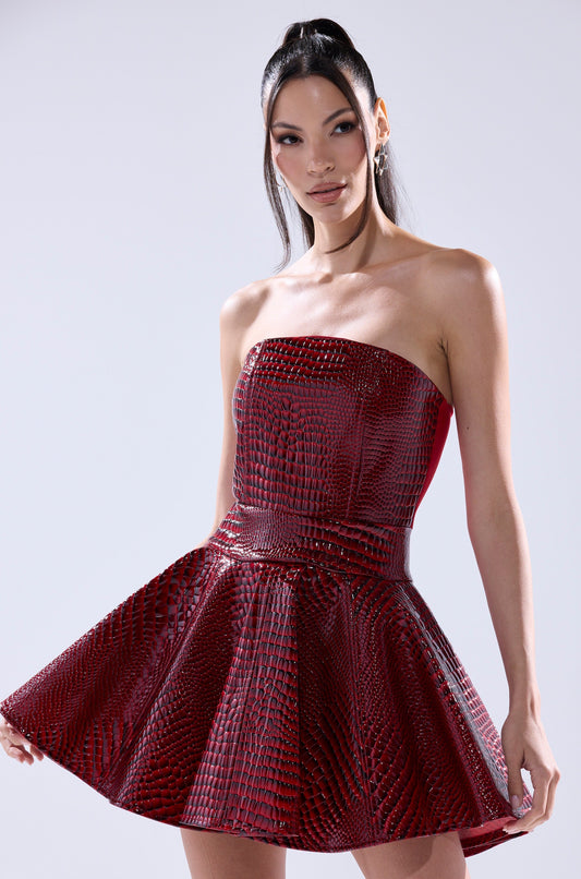 Arovena Strapless Red Croc Print PU Flared Mini Dress