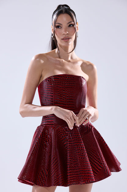 Arovena Strapless Red Croc Print PU Flared Mini Dress