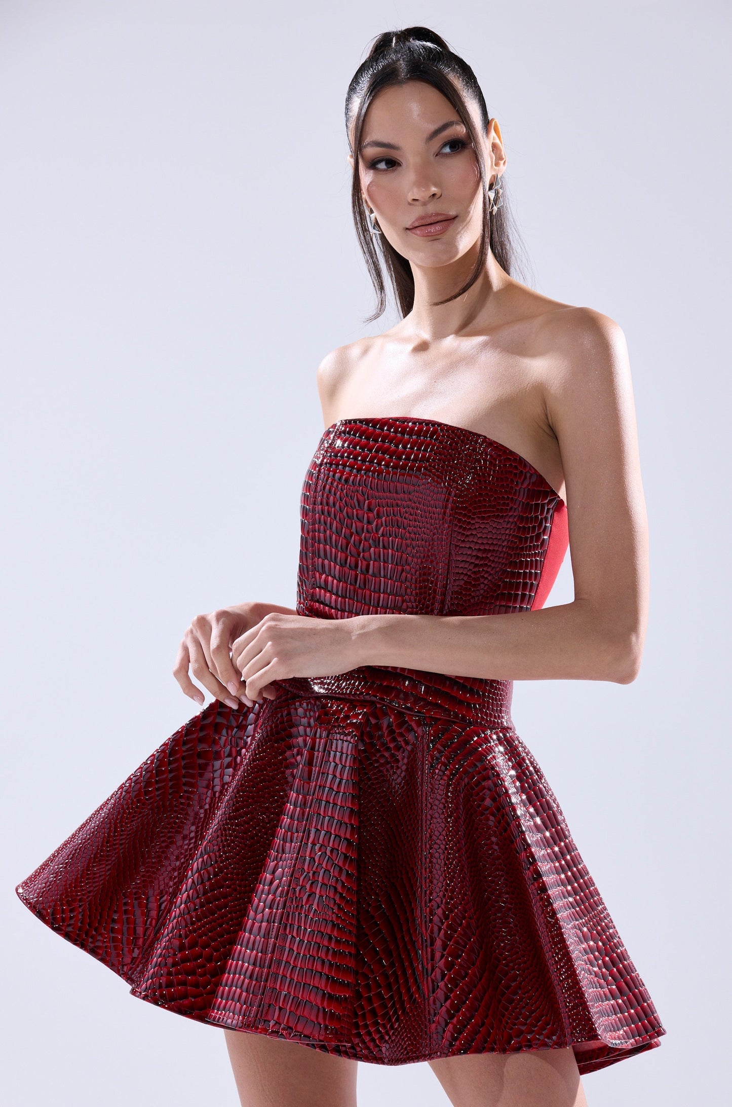 Arovena Strapless Red Croc Print PU Flared Mini Dress