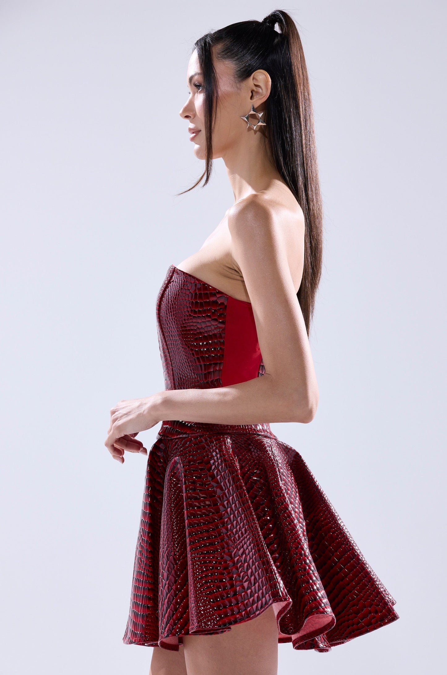 Arovena Strapless Red Croc Print PU Flared Mini Dress