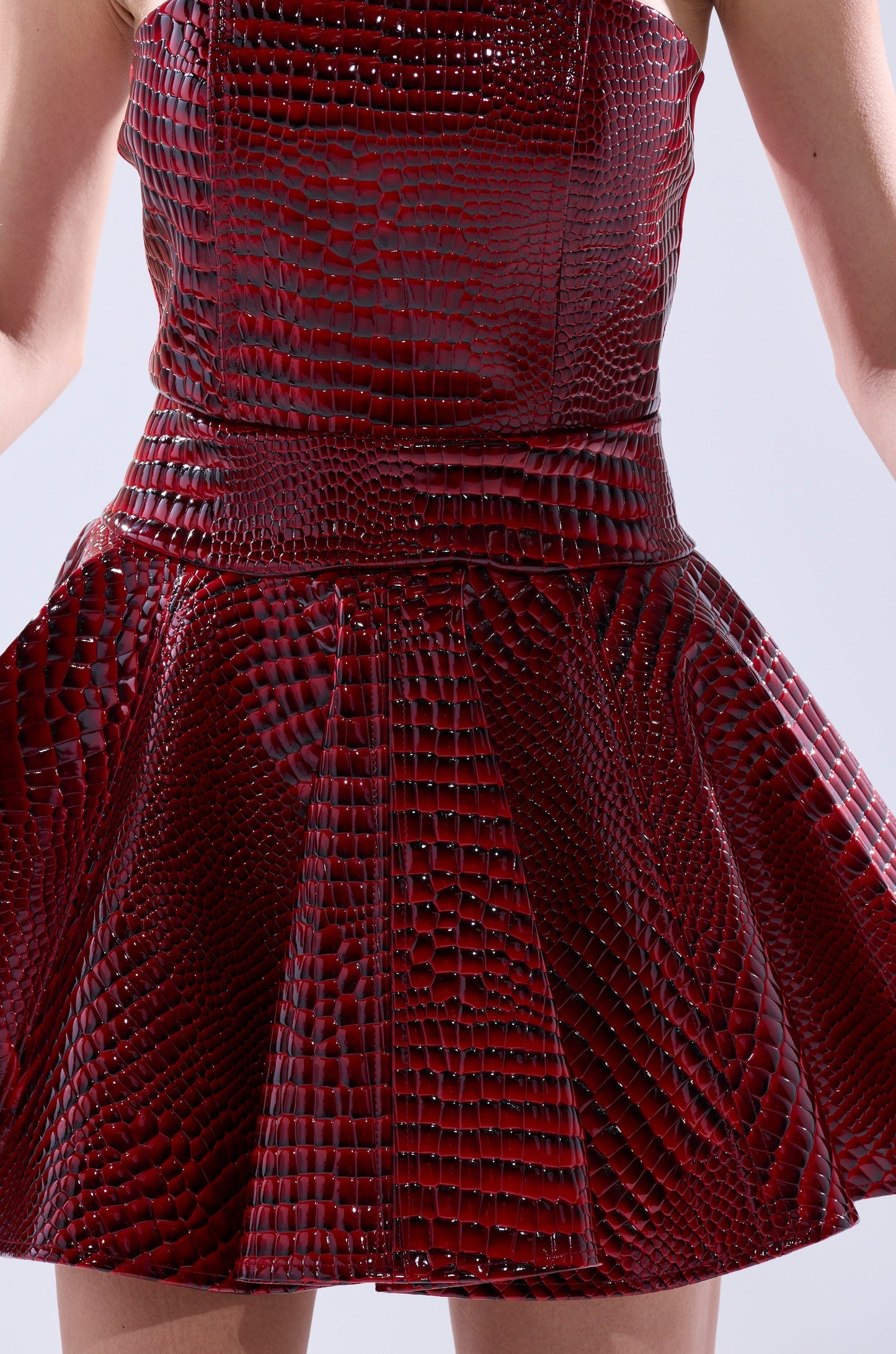 Arovena Strapless Red Croc Print PU Flared Mini Dress
