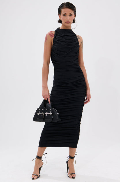 Arovena Black Ruched Mock Neck Sleeveless Midi Dress