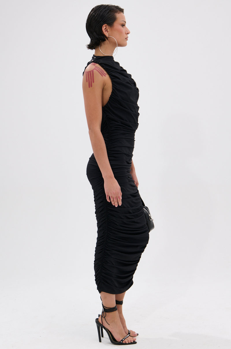 Arovena Black Ruched Mock Neck Sleeveless Midi Dress