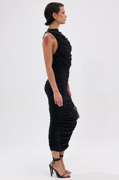Arovena Black Ruched Mock Neck Sleeveless Midi Dress