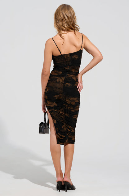 Arovena Black Floral Print Ruched Bodycon Midi Dress