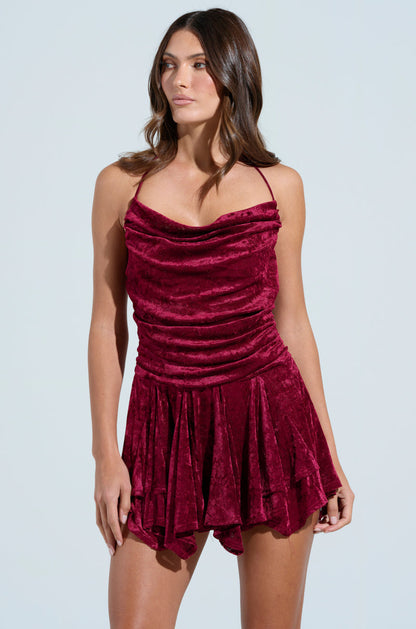 Arovena Cowl Neck Burgundy Velvet Ruched Flare Mini Dress