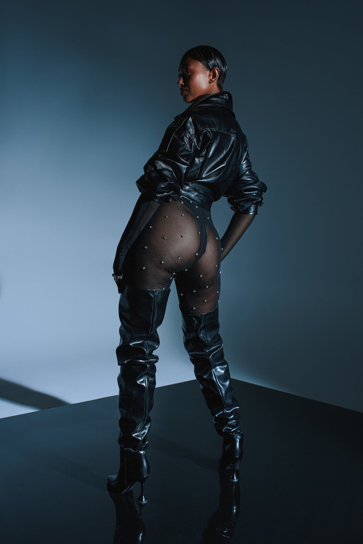 Arovena Black Mesh Crystal Embellished Halter Jumpsuit