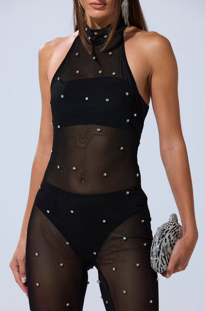 Arovena Black Mesh Crystal Embellished Halter Jumpsuit