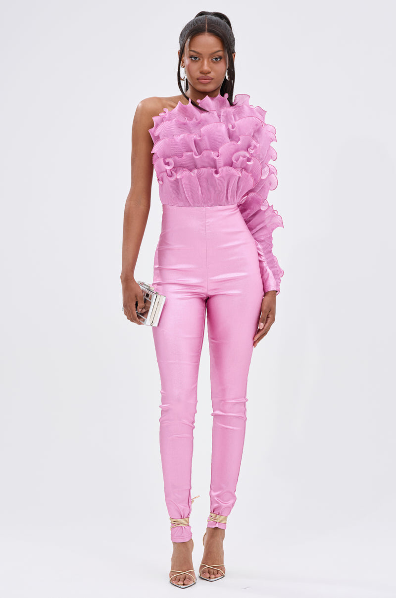 Arovena Pink One Shoulder Ruffle Fitted Skinny Jumpsuit
