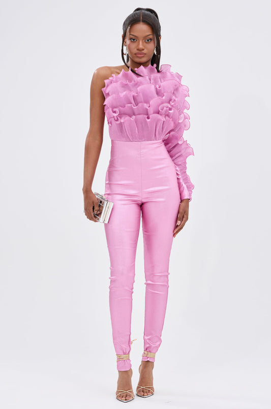 Arovena Pink One Shoulder Ruffle Fitted Skinny Jumpsuit