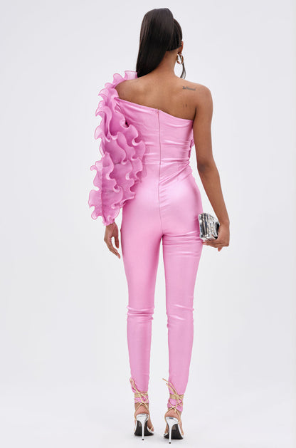 Arovena Pink One Shoulder Ruffle Fitted Skinny Jumpsuit