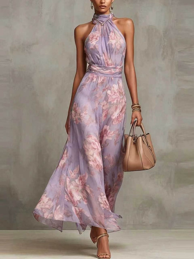 Pink Floral Chiffon Halter Maxi Dress