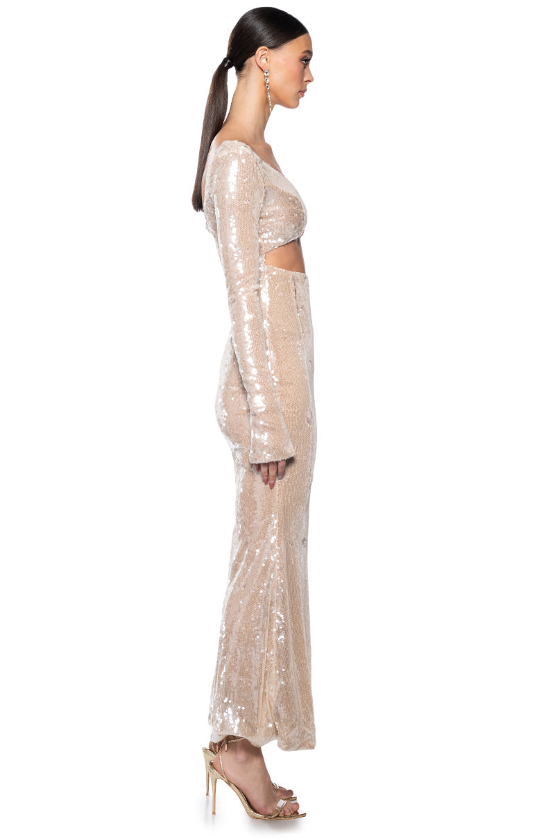 Arovena V-Neck Sequin Cut Out Long Sleeve Maxi Dress