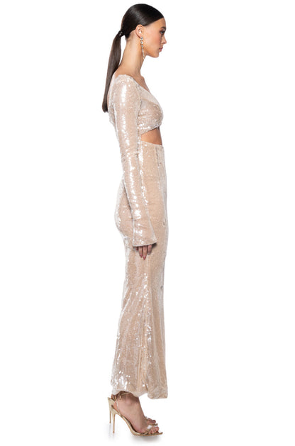 Arovena V-Neck Sequin Cut Out Long Sleeve Maxi Dress