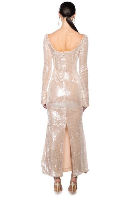 Arovena V-Neck Sequin Cut Out Long Sleeve Maxi Dress