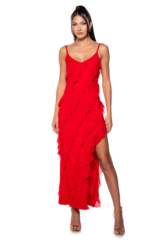 Arovena V-Neck Red Tiered Ruffle High Slit Maxi Dress