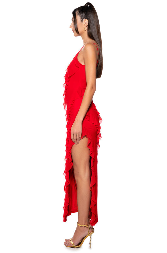 Arovena V-Neck Red Tiered Ruffle High Slit Maxi Dress