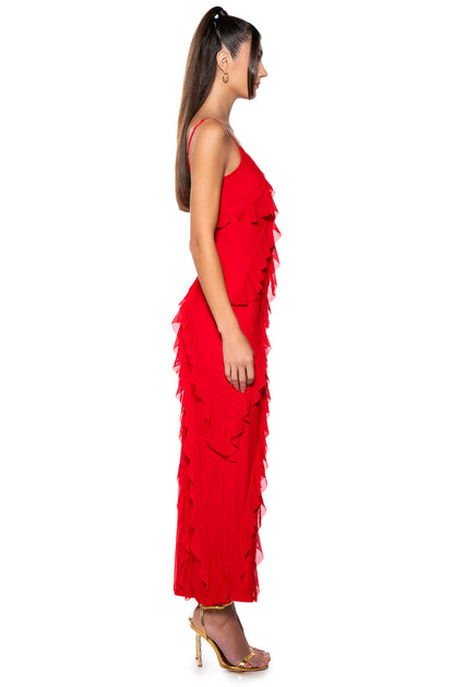 Arovena V-Neck Red Tiered Ruffle High Slit Maxi Dress