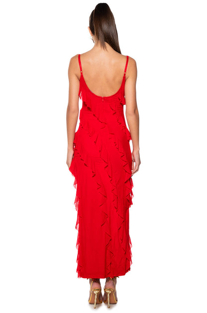 Arovena V-Neck Red Tiered Ruffle High Slit Maxi Dress