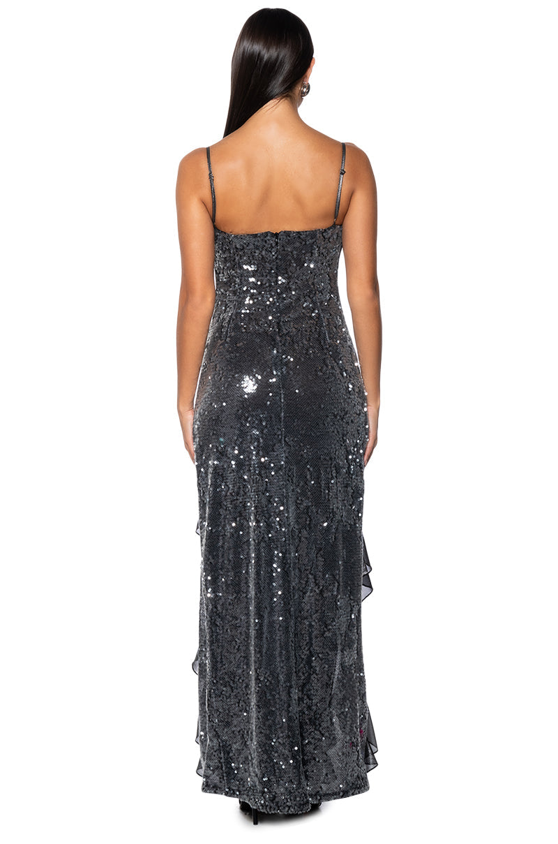 Arovena Sequin Fitted High Slit Ruffle Hem Maxi Dress