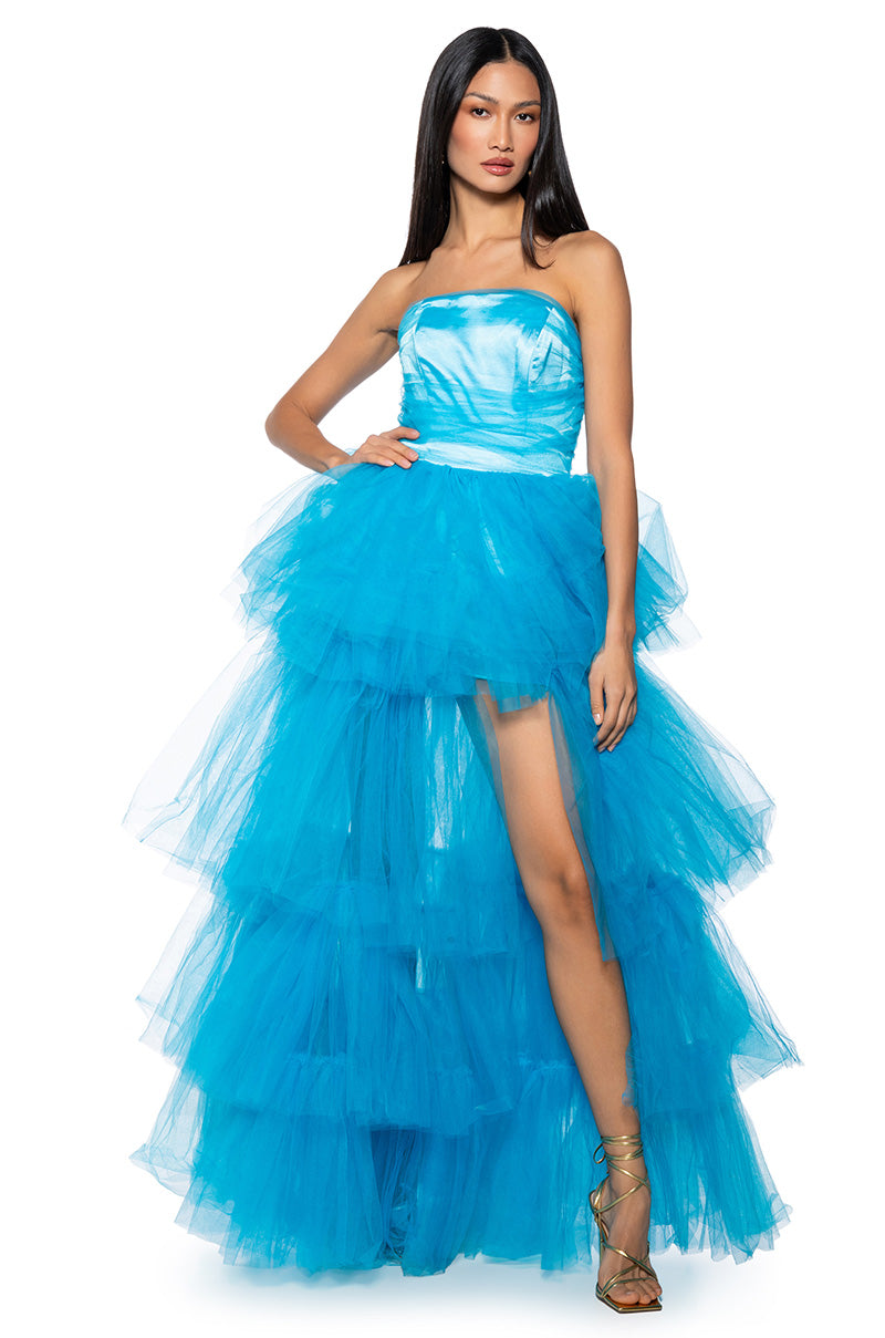 Arovena Blue Strapless Corset Tiered Tulle Ruffle Ball Gown