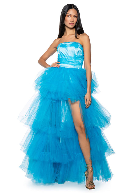 Arovena Blue Strapless Corset Tiered Tulle Ruffle Ball Gown
