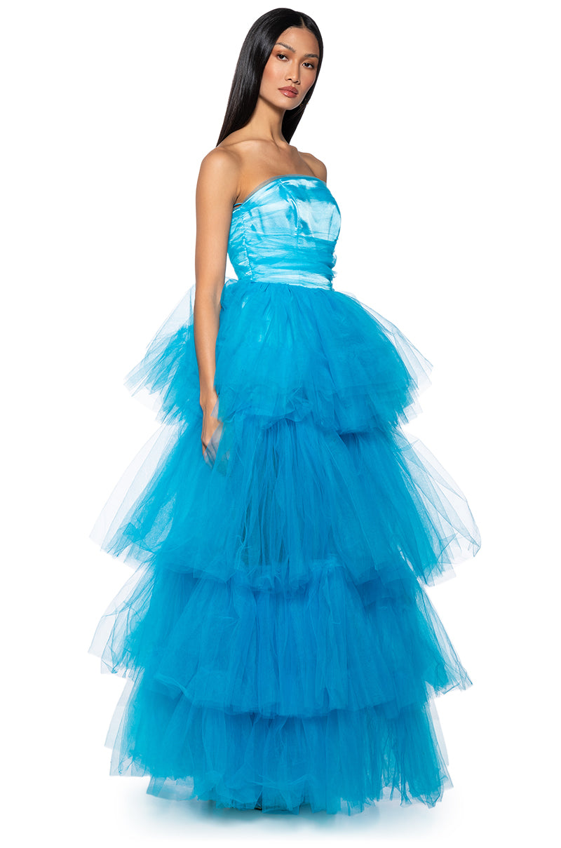 Arovena Blue Strapless Corset Tiered Tulle Ruffle Ball Gown