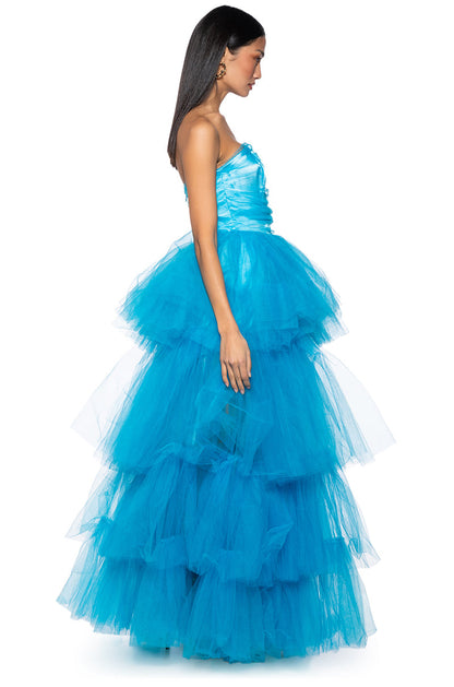 Arovena Blue Strapless Corset Tiered Tulle Ruffle Ball Gown