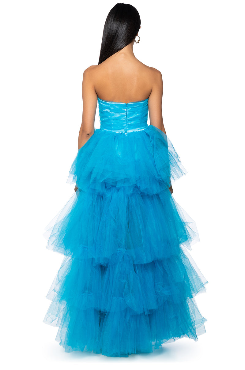 Arovena Blue Strapless Corset Tiered Tulle Ruffle Ball Gown