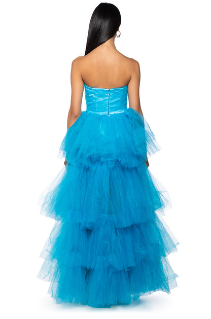 Arovena Blue Strapless Corset Tiered Tulle Ruffle Ball Gown