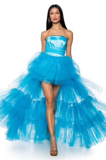 Arovena Blue Strapless Corset Tiered Tulle Ruffle Ball Gown
